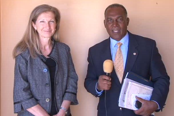 International Monetary Fund Country Representative for St. Kitts and Nevis Ms. Judith Gold and Premier of Nevis and Minister of Finance in the Nevis Island Administration Hon. Vance Amory outside the Ministry of Finance conference room on May 13, 2014